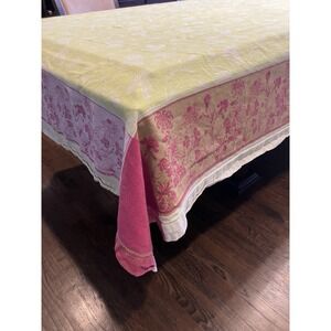Williams Sonoma Jacquard Tablecloth 70 x 108 Green, Pink Linen Cotton Russia